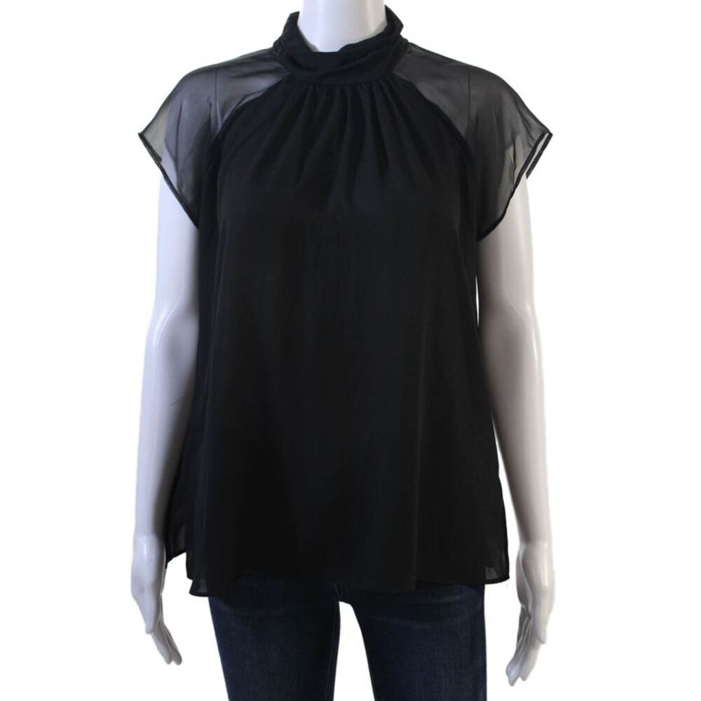 Lola And Sophie Womens Black Mock Neck Button Short Sleeve Blouse Size S